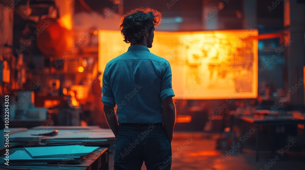 A man stands in an art studio, looking at a large projection of a painting on the wall. A man stands in an art studio, looking at a large projection of a painting on the wall.