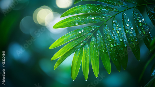 Fresh Green Leaf with Dew Drops in a Peaceful Nature Scene