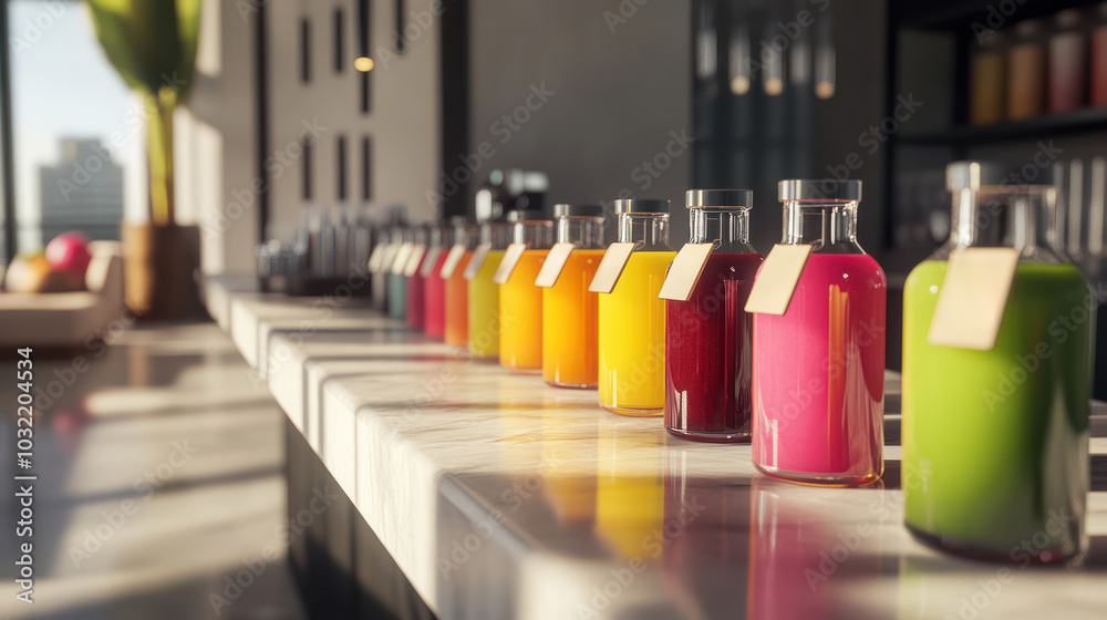 Variety of freshly made fruit and vegetable juices or smoothie in clear bottles on a kitchen counter. Variety of freshly made fruit and vegetable juices or smoothie in clear bottles on a kitchen counter.