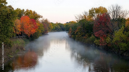 Wallpaper Mural A scenic river winding through a forest in the fall, with fog rising from the water and colorful leaves on the trees. Torontodigital.ca