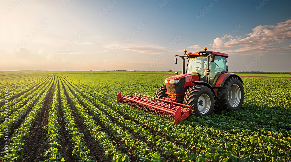 Modern tractor plowing through rows of lush farmland under vibrant sky Modern tractor plowing through rows of lush farmland under vibrant sky
