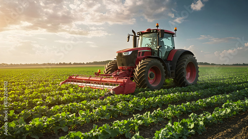 Tractor Plowing Through Rows of Green Crops Under Bright Sky Agriculture Technology