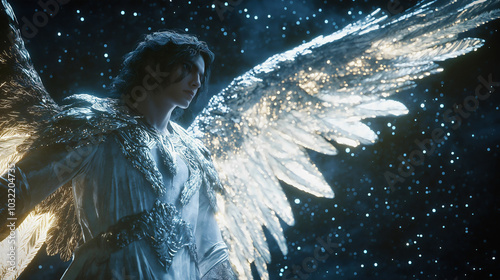 Archangel Raguel, the guide of souls and God's Friend from the Bible, stands with his magnificent wings, dressed in white silk. He leads souls by divine command. photo