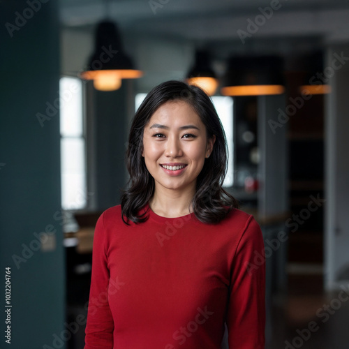 Smiling young woman in a red sweater in a modern office environment