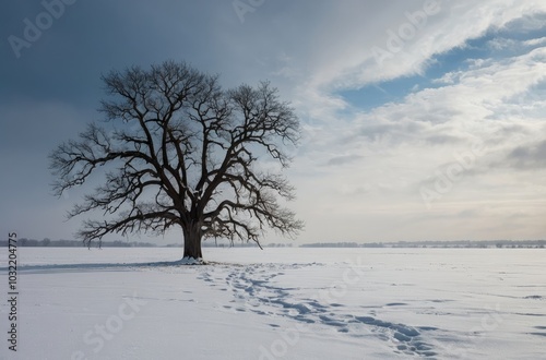 Solitary Leafless Tree in Snow-Covered Winter Landscape