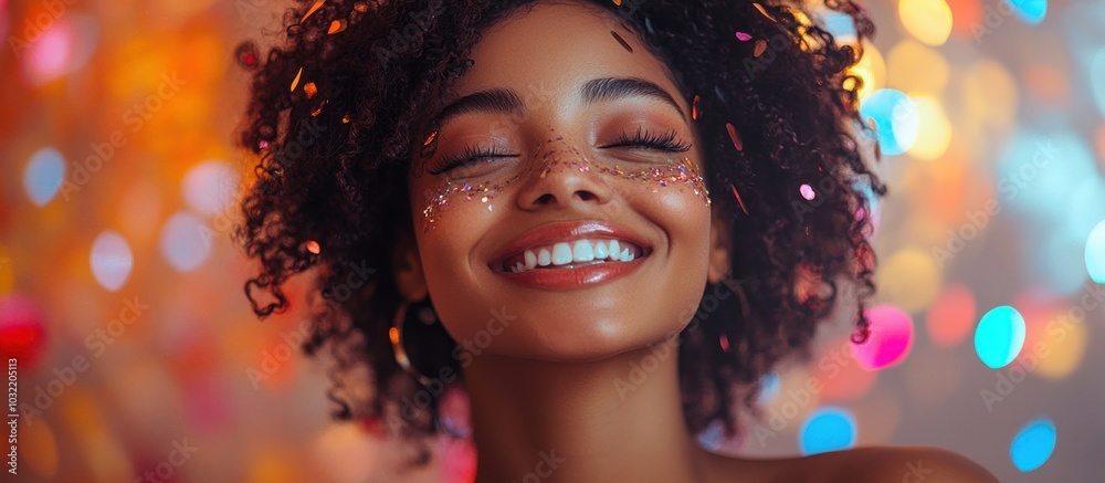 A woman with curly hair smiles with joy, celebrating with confetti. A woman with curly hair smiles with joy, celebrating with confetti.