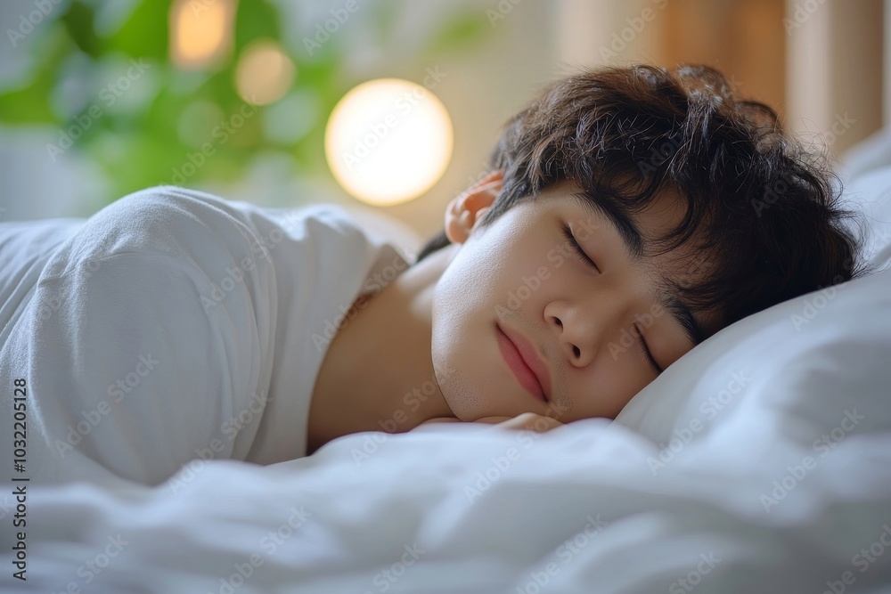 A young guy of oriental appearance sleeps at home in bed, sees good dreams, copy space, Generative AI