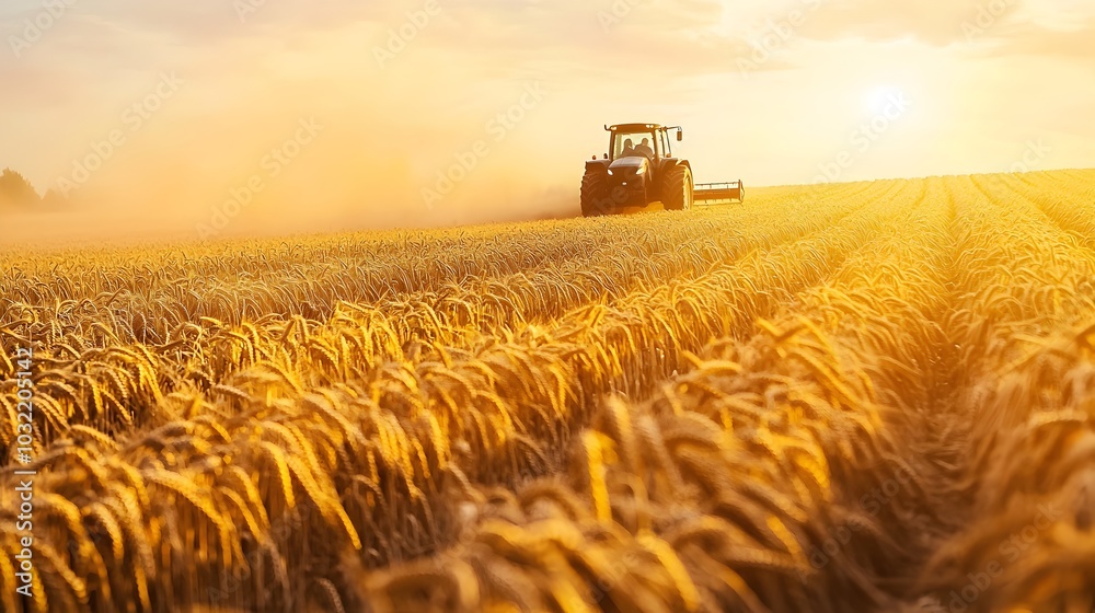 Fototapeta premium Tractor Plowing Through Vast Golden Wheat Field at Sunset,Dust Clouds Rising in Scenic Rural