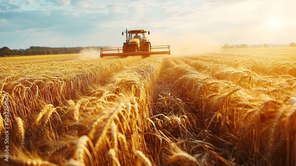 Fototapeta premium Tractor Plowing Through Vast Golden Wheat Field During Sunset Harvest
