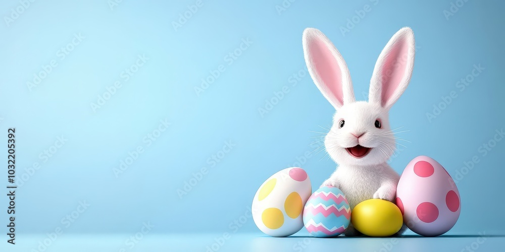 Cute Bunny with Colorful Easter Eggs on a Blue Background Cute Bunny with Colorful Easter Eggs on a Blue Background