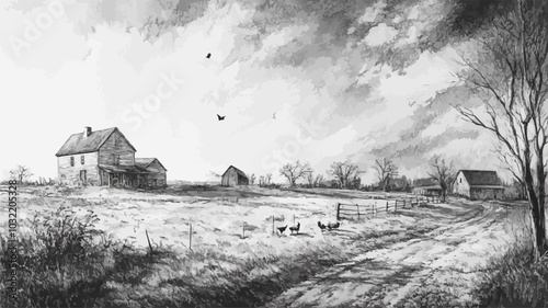 A black and white drawing of a rural landscape with a house, a barn