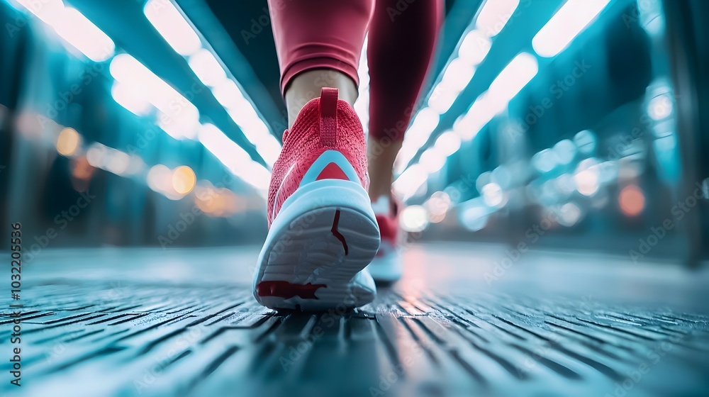 Fototapeta premium Closeup of Running Shoes in Motion Against Blurred Urban Backdrop with Copy Space for Branding