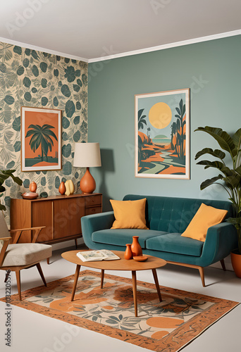 Retro-Style Living Room with Tropical Flair and Mid-Century Modern Aesthetic