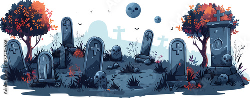 Graveyard with multiple tombstones. Vector flat isolated.