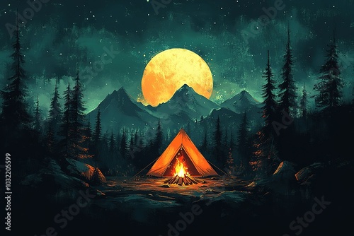 A painting of a campsite with a small tent and a fire