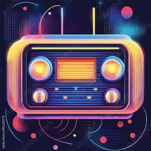 Flat design vector of a retro-futuristic radio with glowing buttons and a digital display, surrounded by abstract patterns.