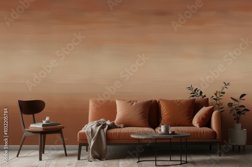 Modern Living Room with Warm Gradient Wall - Stylish Furniture and Cozy Atmosphere