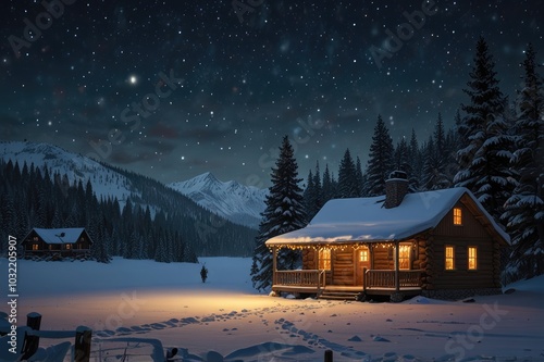 Cozy Cabin in Winter Wonderland - Warm Lights Amid Snowy Forest at Twilight