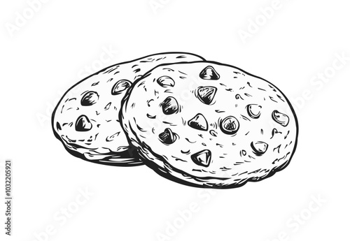 Simple outline of two chocolate chip cookies, black and white, holiday treat