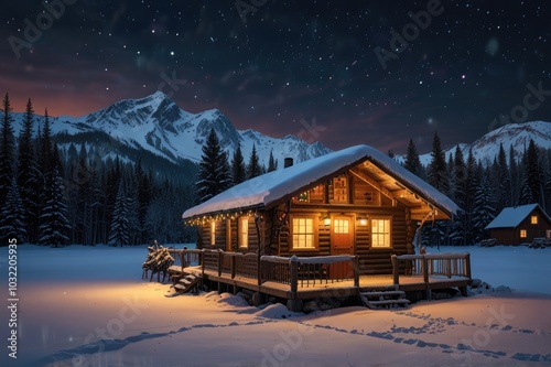 Cozy Cabin in Winter Wonderland - Warm Lights Amid Snowy Forest at Twilight