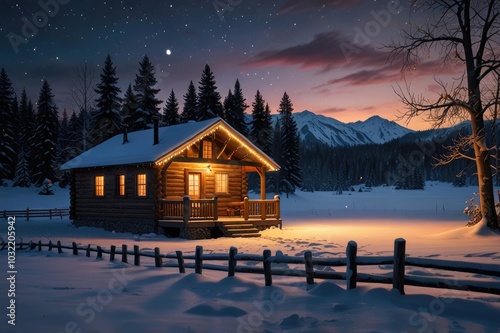 Cozy Cabin in Winter Wonderland - Warm Lights Amid Snowy Forest at Twilight