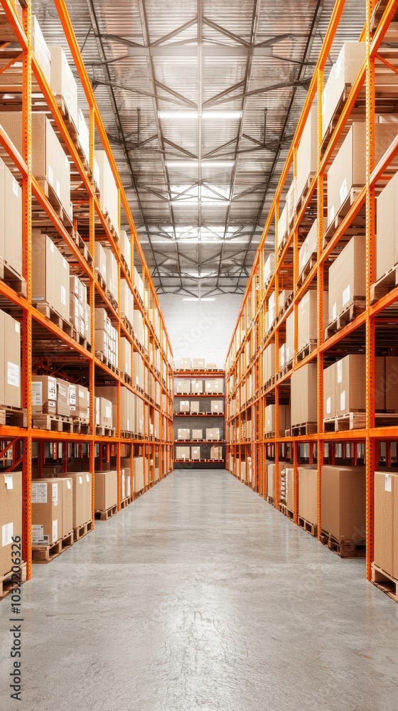 Empty warehouse aisle with shelves filled with cardboard boxes, industrial interior