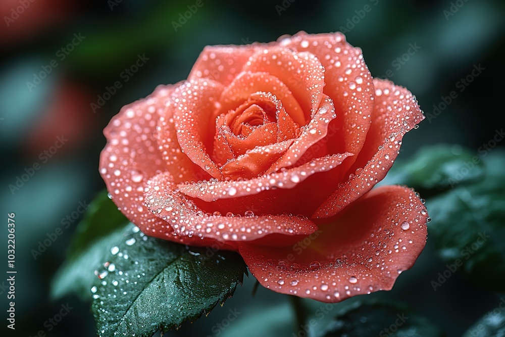 A beautiful red rose with dew drops on it A beautiful red rose with dew drops on it
