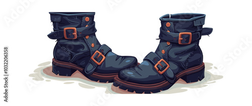 Pair of witches' boots with buckles. Vector flat isolated.