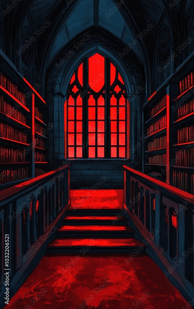 Obraz premium Gothic library interior with red lighting and dark wooden shelves, eerie atmosphere.