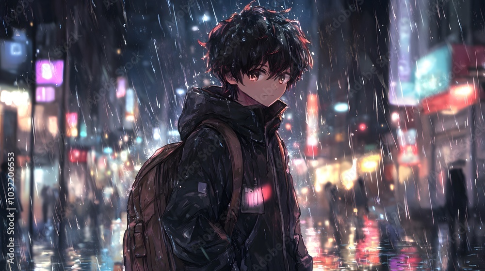 Cartoon boy holding an umbrella on a rainy day Cartoon boy holding an umbrella on a rainy day