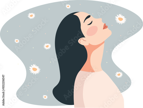 Deep breath and mindfulness concept. Woman calm and relaxed, mental health, self care or meditation. Vector illustration in flat style