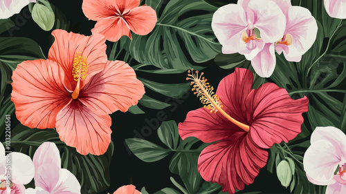 Seamless pattern floral with Hibiscus and orchid flowers abstract background.Vector illustration hand drawn.For fabric fashion print pattern design or product packaging.