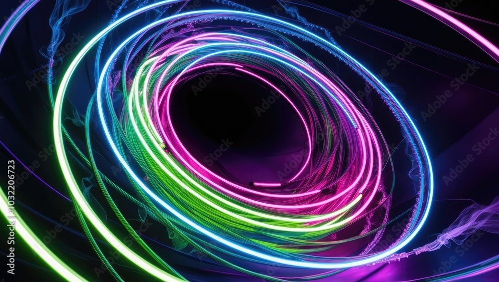 Dynamic Light Trails in Abstract Loop Pattern - Vibrant Neon Colors on Dark Background Dynamic Light Trails in Abstract Loop Pattern - Vibrant Neon Colors on Dark Background