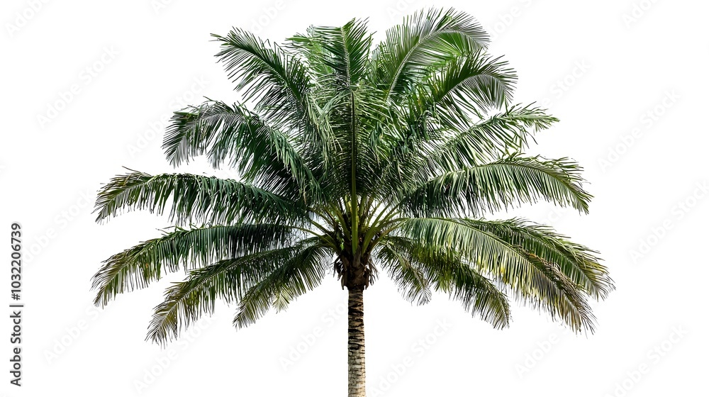 Isolated Palm Oil Tree with Detailed Fronds and Rough Bark on White Background Isolated Palm Oil Tree with Detailed Fronds and Rough Bark on White Background