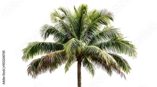 Isolated Palm Oil Tree with Detailed Fronds and Rough Bark on White Background