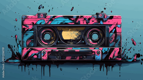 Cassette tape with mixtape label and 90s graffiti-style art on the case. Vector illustration.