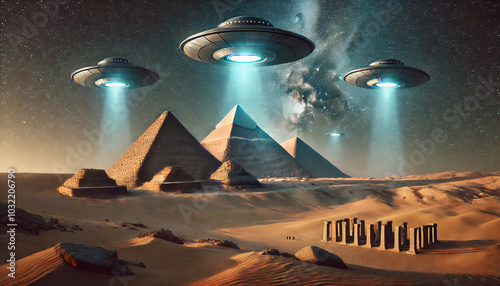 UFOs and Pyramids, A surreal scene of UFOs hovering over the Egyptian pyramids, casting beams of light onto the desert, blending ancient architecture with futuristic technology