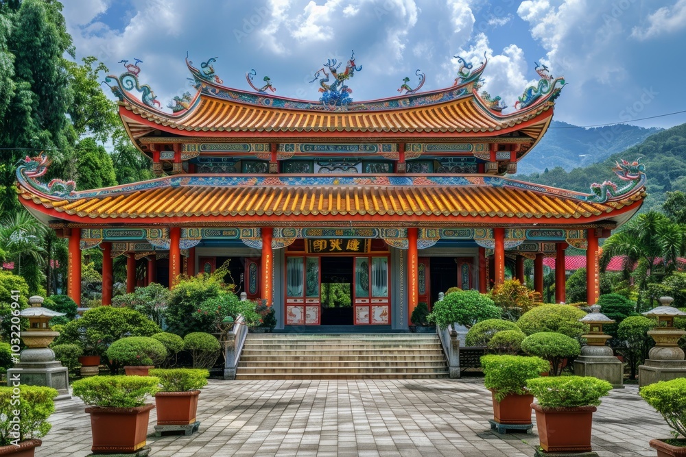 Fototapeta premium Ornate traditional chinese temple standing on a mountainside with lush green plants and a blue sky with clouds