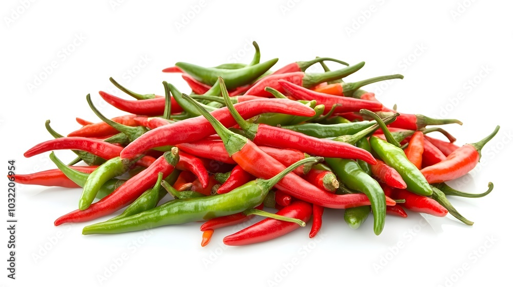 Pile of Vibrant Red and Green Chili Peppers on Clean White Background Pile of Vibrant Red and Green Chili Peppers on Clean White Background