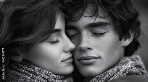 A close-up black-and-white shot of two people, one leaning forward with eyes closed, while the other gently rests their forehead against the first, capturing a deeply emotional and intimate moment.