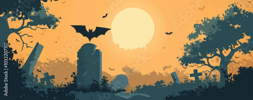 Bat is flying over a graveyard with a large moon in the background. Scene is eerie and mysterious. hyperrealistic Video