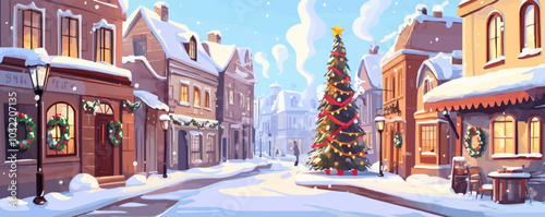 Old European city square on Christmas. Vector cartoon illustration of cozy winter town street with decorated X-mas tree, holiday wreath on door, garland lights in cafe, chimney smoke on snowy roofs