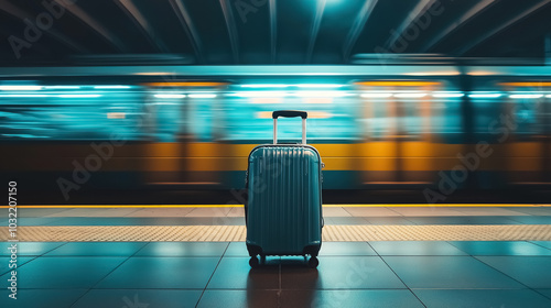 Luggage on a platform, blurred train passing by in the background