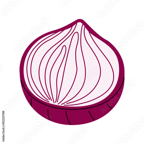 Hand drawn red onion half, vector illustration with detailed layers and rich purple tones