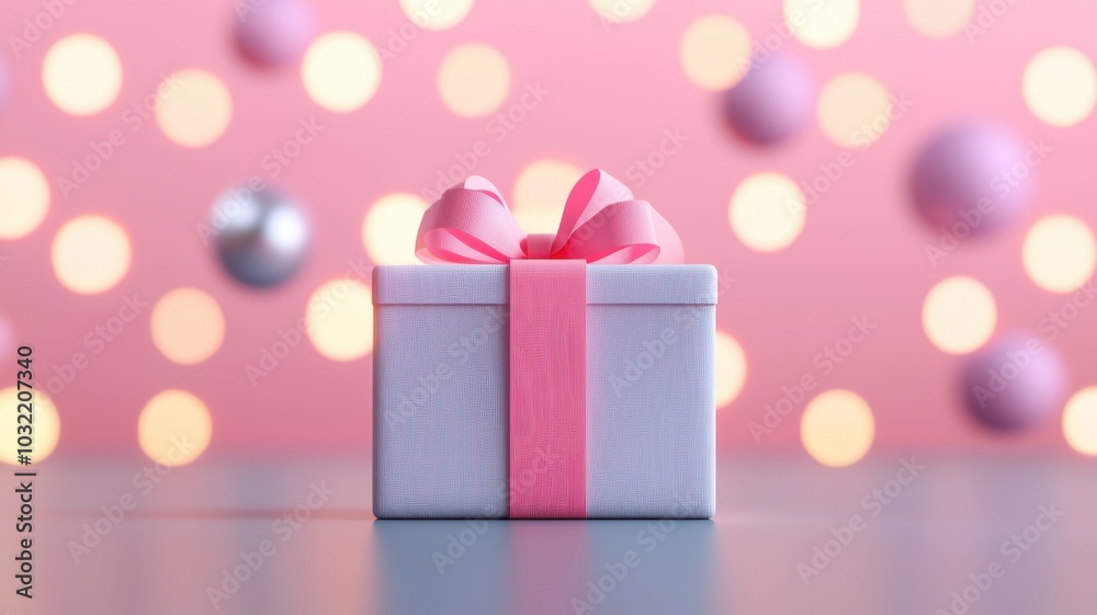 Charming gift package with pink ribbon against a blurred background of soft bokeh lights perfect for celebrations and special occasions Charming gift package with pink ribbon against a blurred background of soft bokeh lights perfect for celebrations and special occasions