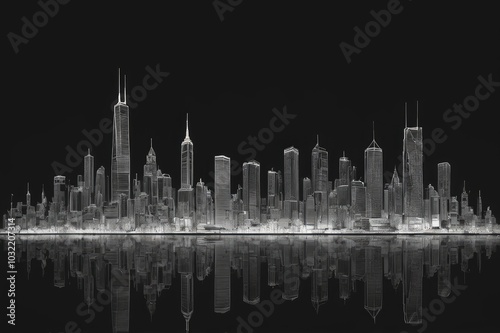 Monochrome City Skyline with Modern Skyscrapers - Sleek Black and White Urban Silhouette