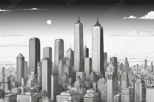 Monochrome City Skyline with Modern Skyscrapers - Sleek Black and White Urban Silhouette