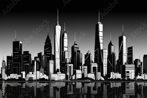 Monochrome City Skyline with Modern Skyscrapers - Sleek Black and White Urban Silhouette