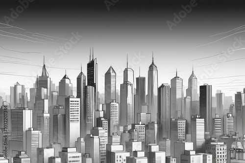 Monochrome City Skyline with Modern Skyscrapers - Sleek Black and White Urban Silhouette