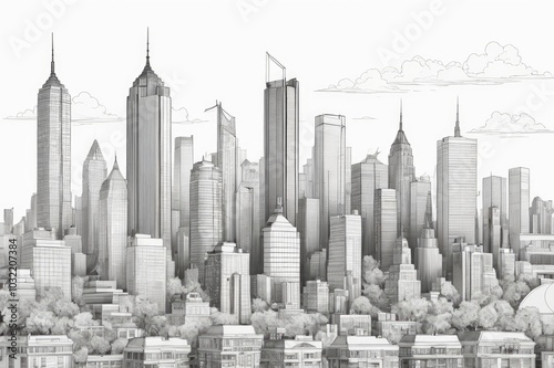 Monochrome City Skyline with Modern Skyscrapers - Sleek Black and White Urban Silhouette